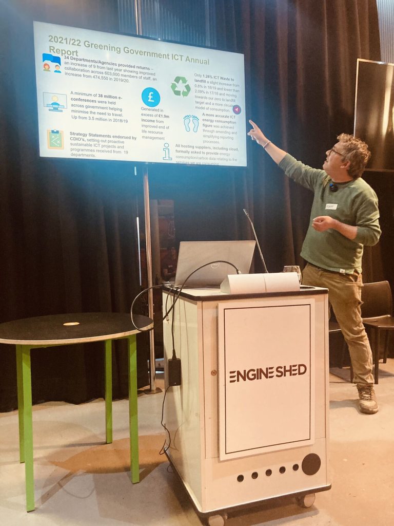 Adam Turner from DEFRA (Department for Environment, Food and Rural Affairs) during his talk 'Can we sustain a digital world?' at Green Tech South West's Hybrid event